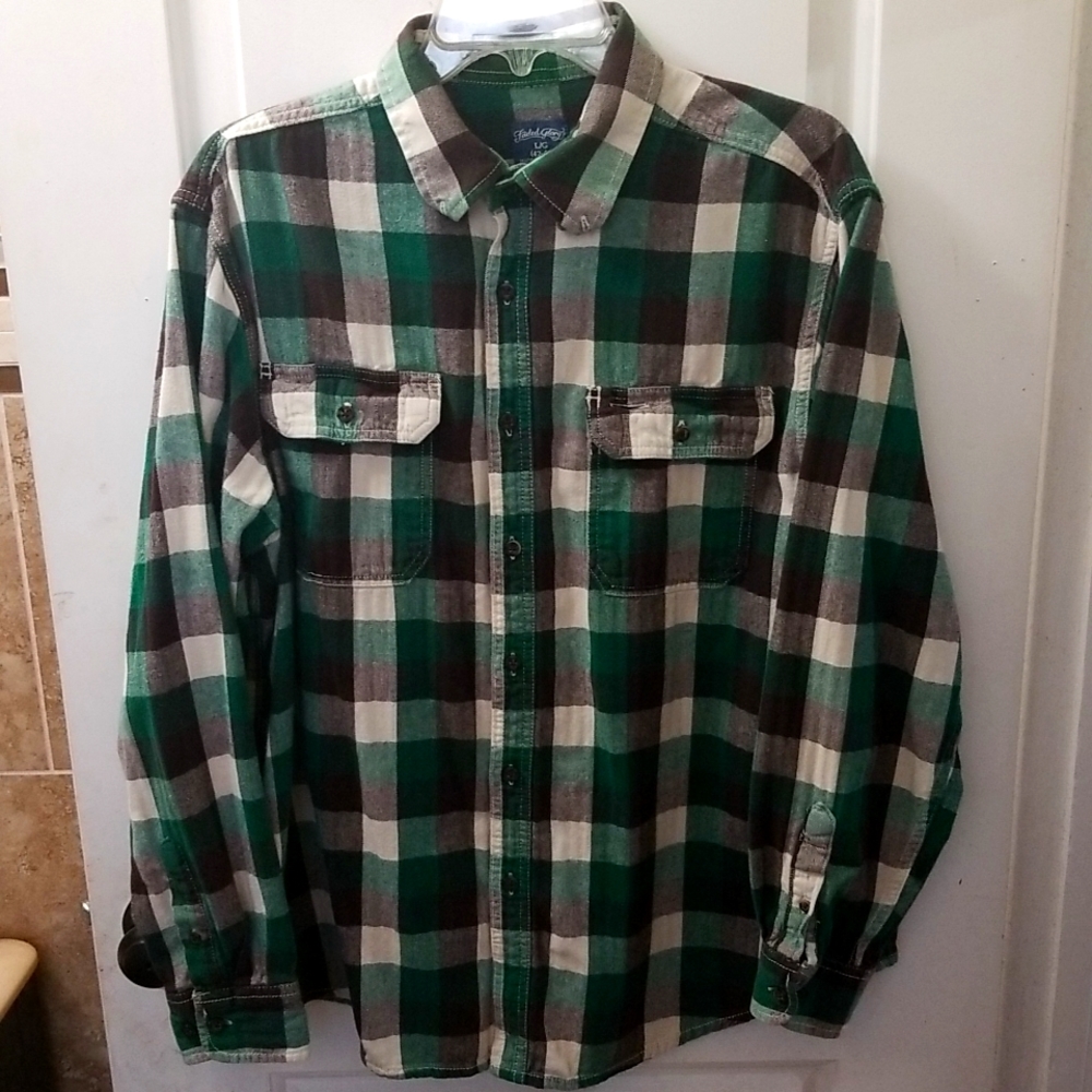 Faded Glory - Button down shirt, Size - L, Color - Green with square pattern